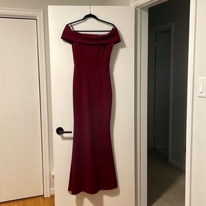 Wine coloured off the shoulder Katie May dress